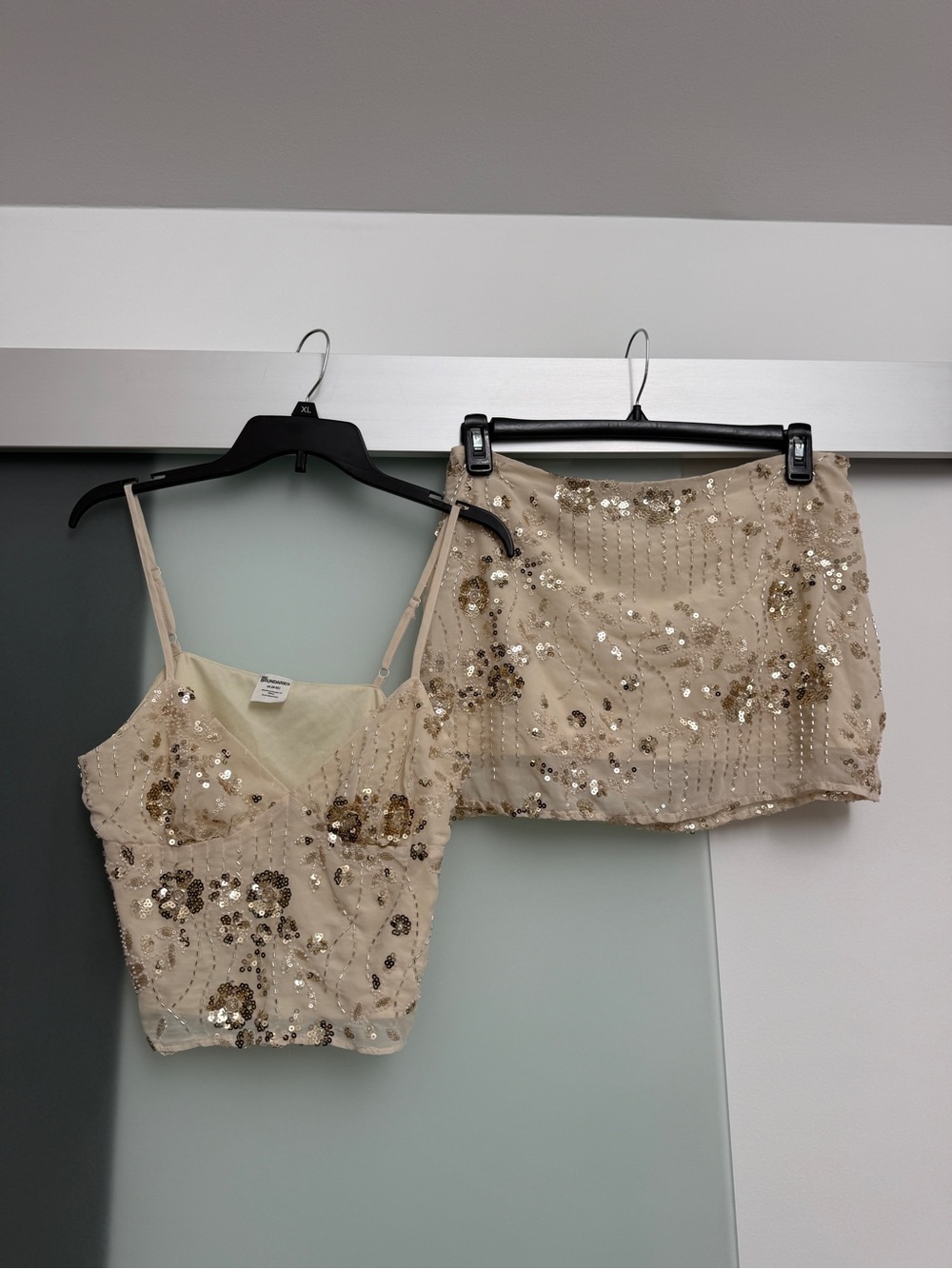 No Boundaries Beige Sequin Embellished Mini Skirt Set